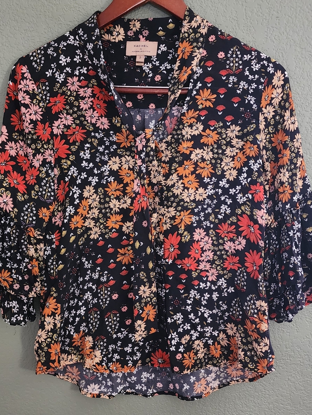 Anthropologie Black Floral Tie-Neck Blouse with Orange & Red Blooms